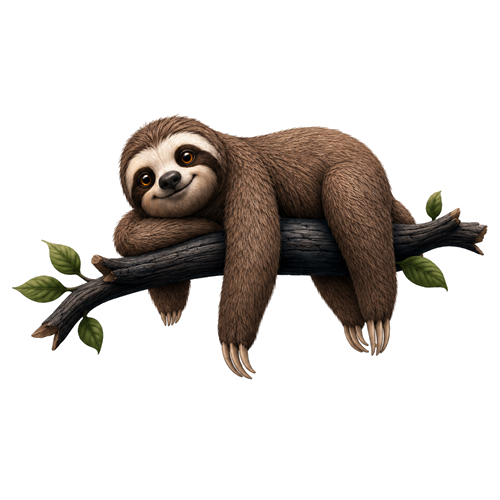 Sloth, la mascota, descansando en una rama